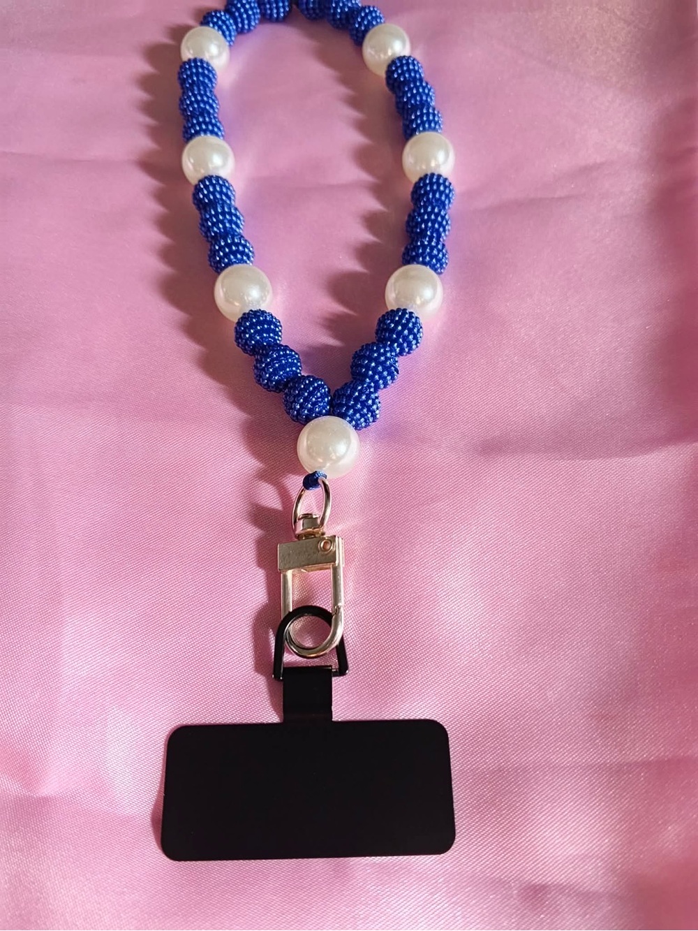 Handmade Blue Beaded Pearl Badge Lanyard with Metal Clip